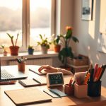 A home office with a desk, laptop, and stationery supplies neatly arranged, bathed in warm, natural lighting. In the foreground, a person sits focused, using a timer to manage their time. Nearby, a calendar and to-do list help visualize priorities. The background features a peaceful, minimalist environment with potted plants and a large window overlooking a tranquil outdoor scene, conveying a sense of balance and productivity. The overall atmosphere is one of organization, focus, and efficiency. A home office with a desk, laptop, and stationery supplies neatly arranged, bathed in warm, natural lighting. In the foreground, a person sits focused, using a timer to manage their time. Nearby, a calendar and to-do list help visualize priorities. The background features a peaceful, minimalist environment with potted plants and a large window overlooking a tranquil outdoor scene, conveying a sense of balance and productivity. The overall atmosphere is one of organization, focus, and efficiency.