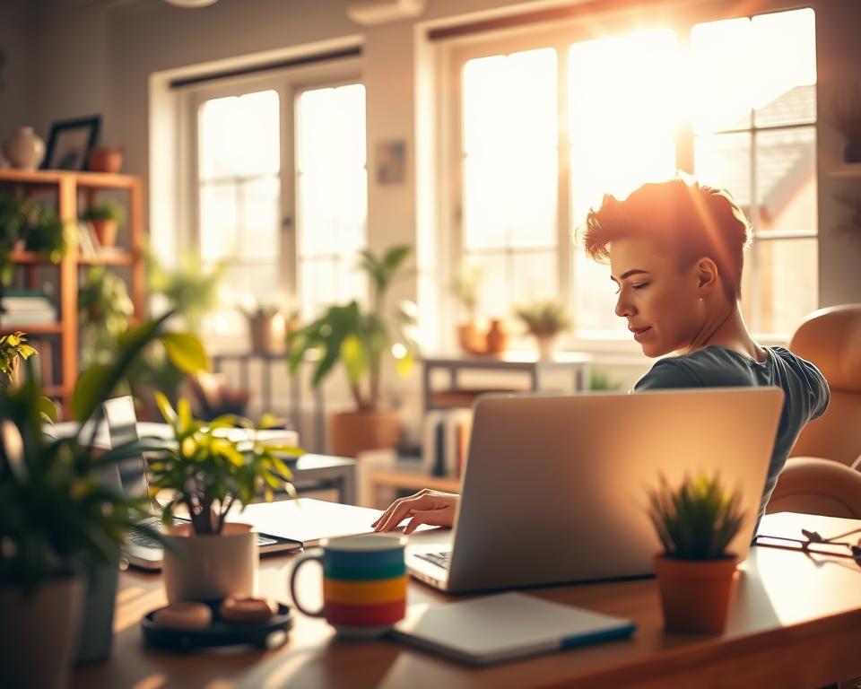 An energetic home office scene, bathed in warm, natural lighting that cascades through large windows. In the foreground, a person sits at a tidy desk, deeply focused on their laptop, their face alight with concentration. The middle ground features potted plants, a colorful mug, and a pair of headphones, all suggesting a harmonious balance of productivity and self-care. In the background, glimpses of a bookshelf and a cozy, inviting armchair create a sense of tranquility and inspiration. The overall atmosphere conveys a workspace that nurtures both mental focus and emotional well-being. An energetic home office scene, bathed in warm, natural lighting that cascades through large windows. In the foreground, a person sits at a tidy desk, deeply focused on their laptop, their face alight with concentration. The middle ground features potted plants, a colorful mug, and a pair of headphones, all suggesting a harmonious balance of productivity and self-care. In the background, glimpses of a bookshelf and a cozy, inviting armchair create a sense of tranquility and inspiration. The overall atmosphere conveys a workspace that nurtures both mental focus and emotional well-being.